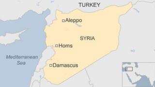 A map showing the locations of Homs and Damascus in Syria