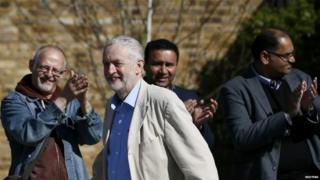 Jeremy Corbyn applauded by Labour activists at a poster launch in London
