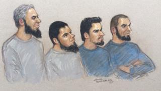 Naweed Ali, Khobaib Hussain, Mohibur Rahman and Tahir Aziz - court sketch