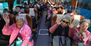 家族に再会するため北朝鮮に向かう人々。その多くは80、90歳代だ(20日)