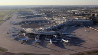 An aerial view of the Lester B. Pearson airport as photographed from an airplane on August 28, 2012 in Toronto, Canada.