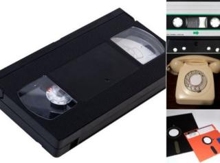 Pictures of videotape, cassette and computer floppy disks