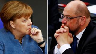 Rival German leaders: CDU's Angela Merkel (L) and SPD's Martin Schulz