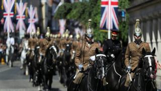 Military personnel takes part in rehearsals for the wedding of Britain's Prince Harry and Meghan Markle in Windsor.