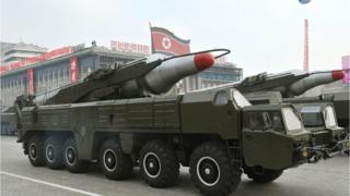 A file photo dated 4 October 2010 and made available by the North Korean Central News Agency (KCNA) shows a "Musudan" missile displayed during a military parade marking the 65th anniversary of the foundation of the Workers' Party of Korea, in Pyongyang, North Korea