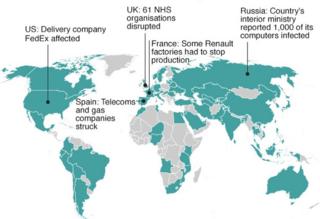 Map of areas hit by the cyber attack