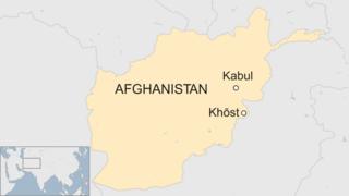 Map showing the location of Kabul and Khost in the east of Afghanistan