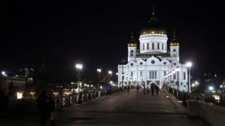 Christ the Saviour Cathedral with its illumination switched on before Earth Hour, in Moscow, Russia