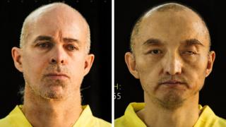 This file combination of undated photos taken from the Islamic State group's online magazine Dabiq purports to show Ole Johan Grimsgaard-Ofstad, 48, from Oslo, Norway, left, and Fan Jinghui, 50, from Beijing, China.