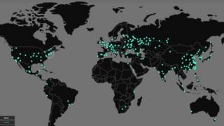 จุดสีเขียวแสดงถึงเป้าหมายที่มัลแวร์ WannaCry