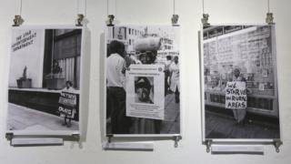A view of images on display at the "DocuFest Africa" exhibition which opened this week at the FotoZa Gallery in Johannesburg, South Africa, 07 May 2018. The body of work is from the Tiso Blackstar Group Collection, as well as photographers including Paul Weinberg, Gille De Vlieg, Eric Miller and David Larsen and includes images from the 1950s to the 1980s depicting the high of the Apartheid rule of the all white nationalist government.