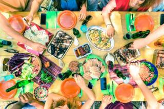 food and phones on table