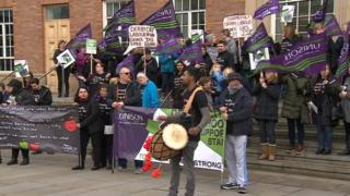Striking teaching assistants outside Derby City Council