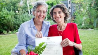 Jill Kindt and Jo Grant with their marriage certificate
