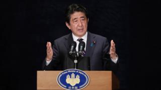 Shinzo Abe akihutubu mkoa wa Zhejiang, China 5 Septemba 2016.
