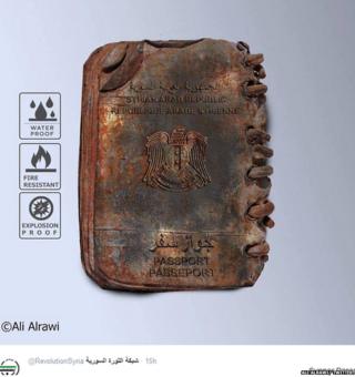 A spoof image of a steel Syrian passport