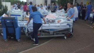 Patients on trollies outside Wishaw General Hospital