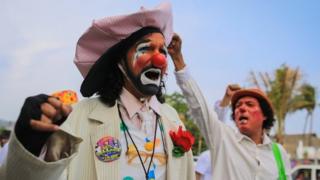 People dressed as clowns protest on the main avenues in Acapulco, Guerrero, Mexico, 07 May 2018.