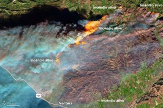 Imagem de satélite de incêndio na Califórnia