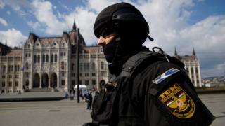 A member of the Counter Terrorism Centre (TEK) patrols in Budapest
