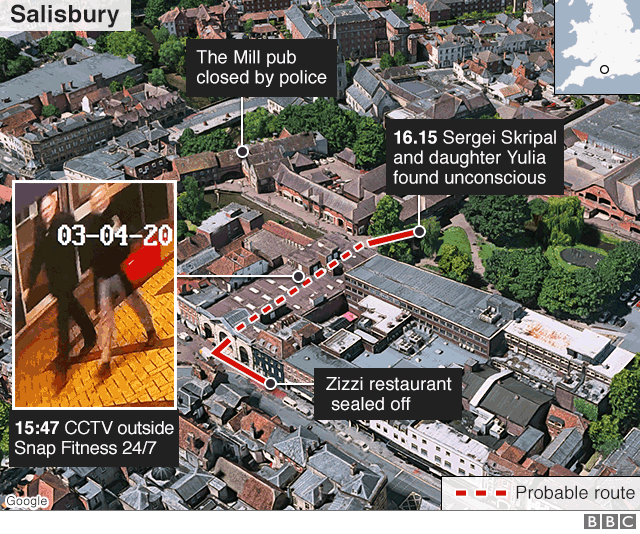 Graphic showing key locations and times in Russian spy case