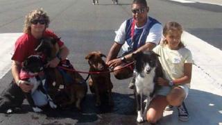 Familia con perros en la pista de aterrizaje.