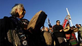 Native Americans celebrating the US Army's decision not to grant access for an oil pipeline in North Dakota, 4 December 2016
