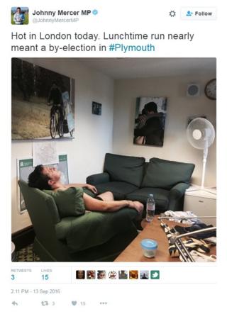 Johnny Mercer MP on Twitter: Hot in London today. Lunchtime run nearly meant a by-election in Plymouth. Photo: Johnny Mercer relaxing in front of an electric fan.