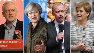 Jeremy Corbyn, Theresa May, Tim Farron and Nicola Sturgeon