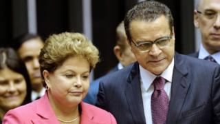 This file photo taken on October 9, 2013 shows former Brazilian President Dilma Rousseff (L) and former Lower House President Henrique Eduardo Alves attending a solemn session of the National Congress in tribute to the 25th anniversary of the promulgation of the Constitution in Brasilia