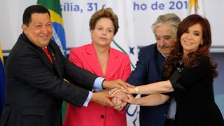 Los presidentes de Venezuela, Brasil, Uruguay y Argentina en 2012