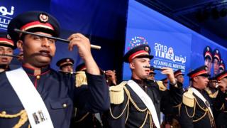 Honour guard members perform during the 43rd Annual Meeting of the Islamic Development Bank Group in Tunis, Tunisia April 4, 2018.