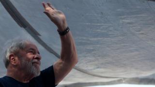 Former Brazilian President Luiz Inacio Lula da Silva waves as he attends a Mass for his late wife at the metallurgic trade union in Sao Bernardo do Campo, Brazil, 7 April 2018