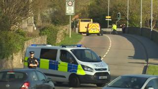 police outside Ysgol yr Hendre in Caernarfon where a girl was hit by a bus