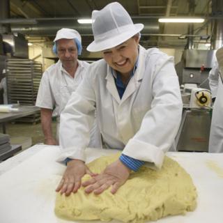 Scottish Conservative leader Ruth Davidson kneading dough during a visit to the Shortbread House of Edinburgh's factory on the election campaign trail.