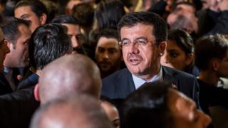 Turkish Economy Minister Nihat Zeybekci talks to Turkish people in Cologne, Germany on 5 March.