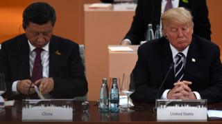China's President Xi Jinping (L) and US President Donald Trump attend a working session on the first day of the G20 summit in Hamburg, northern Germany, on July 7, 2017