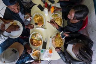 People eating, seen from above