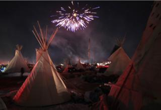 Fireworks at a Native American protest camp