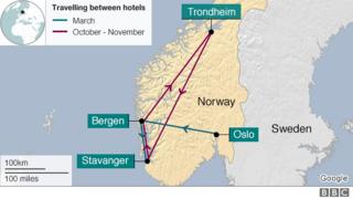 Map showing the woman's movements between hotels