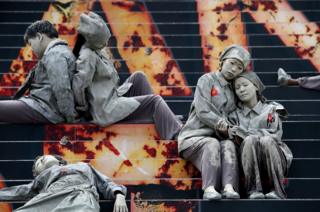 South Koreans perform to commemorate the 70th anniversary of the Jeju uprising.