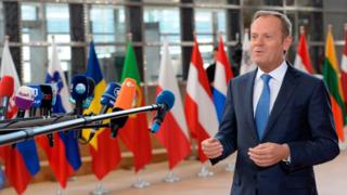Donald Tusk speaks to the press upon his arrival to attend the EU leaders summit at the Europa building, the main headquarters of European Council and the Council of the EU, in Brussels, on April 29, 2017.