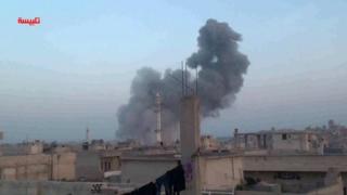 An image grab taken from a video released by Talbisseh Youtube Channel on 15 October 2015 shows smoke billowing over the small town of Talbisseh near the Syrian city of Homs following air strikes