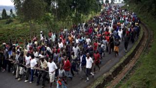 Protesters against Burundi President Pierre Nkurunziza march towards the town of Ijenda, Burundi (File photo)
