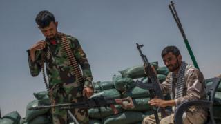 Iraqi PMF fighters on the Iraq-Syria border in Nineveh, Iraq in June 2017