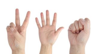 Señales de mano de tijeras, papel y piedra