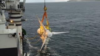 Tidal turbine being lowered in Inner Sound