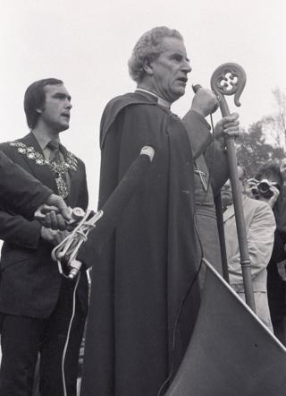 The Bishop of Southwark, Mervyn Stockwood, and the Mayor of Lewisham Roger Godsiff give a speech to anti-fascists