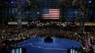 The empty stage at Hillary Clinton's election night headquarters.