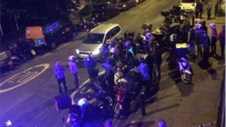 Emergency services and dozens of Uber eats and Deliveroo drivers come to the aid of an acid attack victim on Queensbridge Road in Hackney.